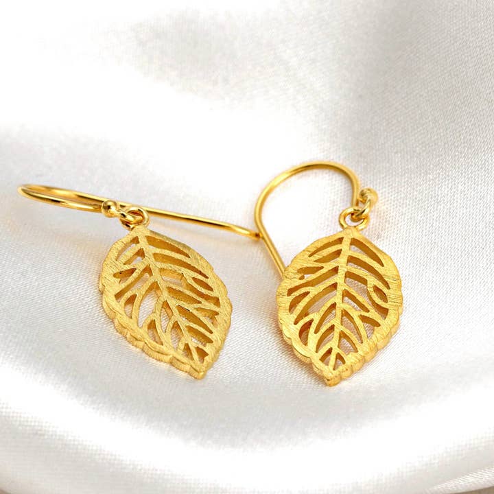 Leaf Earrings - 925 Sterling Gold Plated Botanical Drop Earrings - EAR925-14 for wholesale by MadamLili