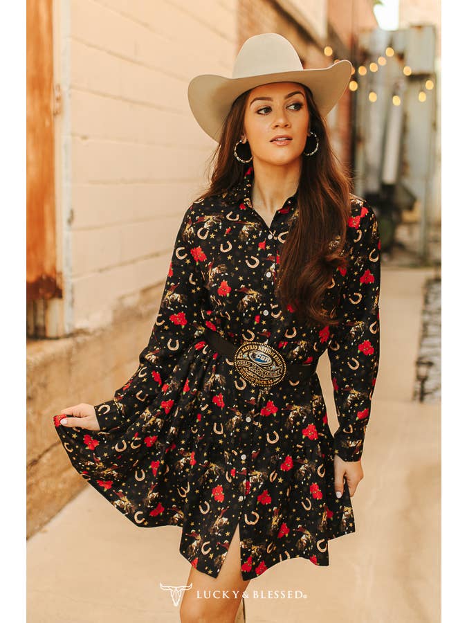 LUCKY & BLESSED - Wholesale Dress - Women's - Plus Size Black Horse Shoe Cowgirl Tier Collared Dress