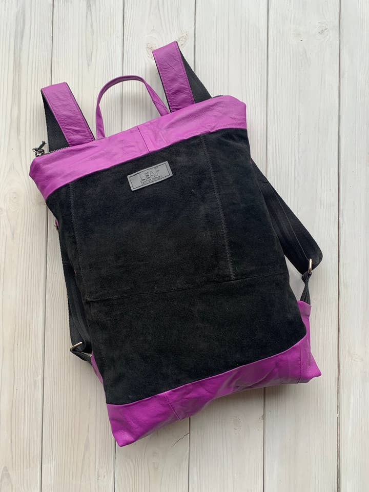 Upcycled Purple Leather Backpack for wholesale by LeaF