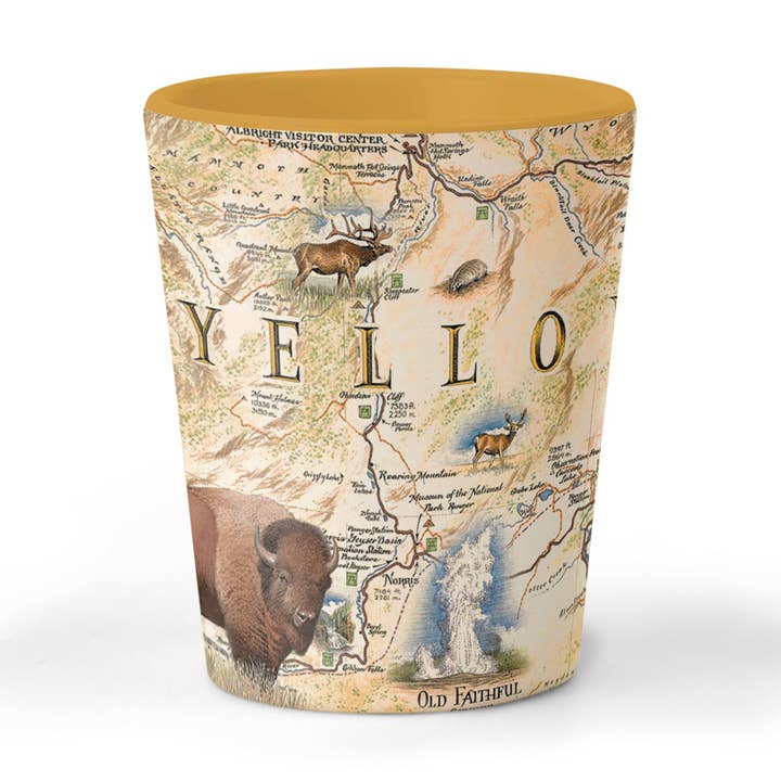 Vaso de cerámica para chupitos con el mapa del Parque Nacional de Yellowstone, 1.5 onzas para venta al por mayor de XPLORER MAPS