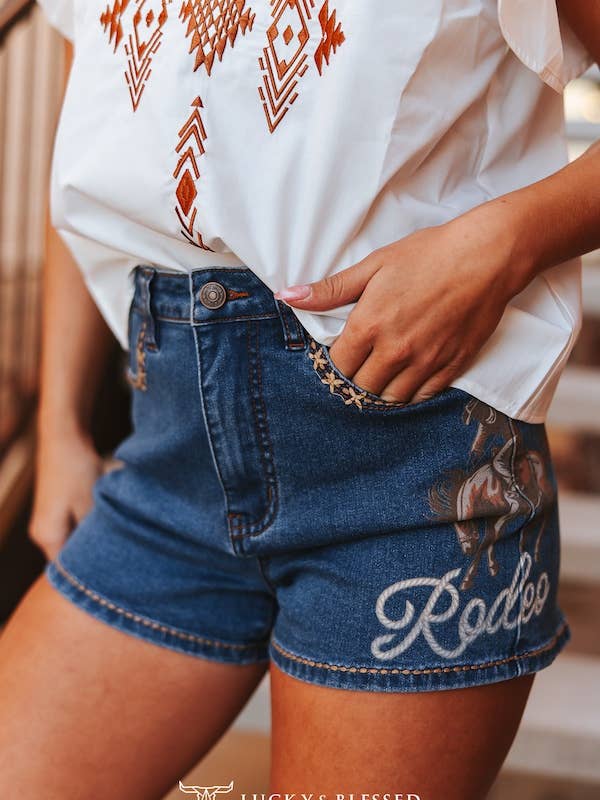 Mid Wash Buck-stitch Printed Stretch Denim Shorts (3in) for wholesale by LUCKY & BLESSED