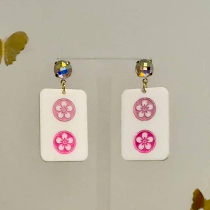 Louie Love - Wholesale Dangle Earrings - Acrylic Pink Mahjong Game Social Club Girls Earring2