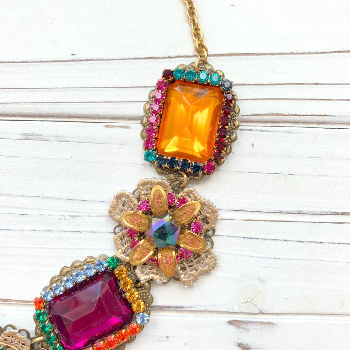 Lenora Dame - Wholesale Bib Necklace - Jewel Tone Rhinestone Bib Necklace