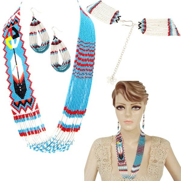BEADS CORNER - Wholesale Beaded/Pearl Necklace - Handmade Beaded Feather Design Layered Necklace Earrings Set in Cyan Blue, White, Red, Black, Yellow2