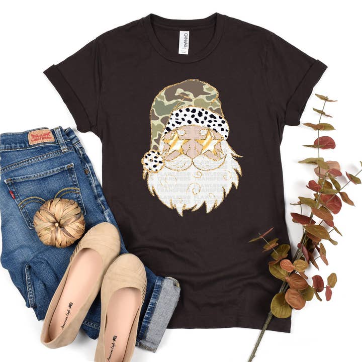 Santa Camo Print Gold Outline - White Santa Design 1 DTF Transfer for wholesale by Flawless Transfers