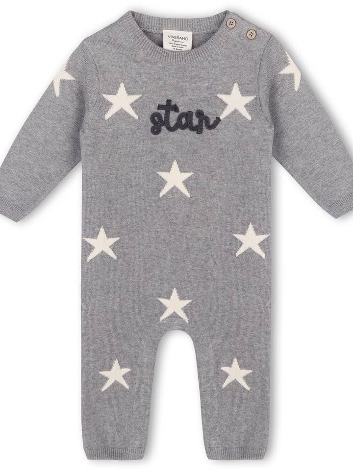 Heather Grey Star Jacquard Baby Sweater Knit Jumpsuit (Organic Cotton) for wholesale on Faire