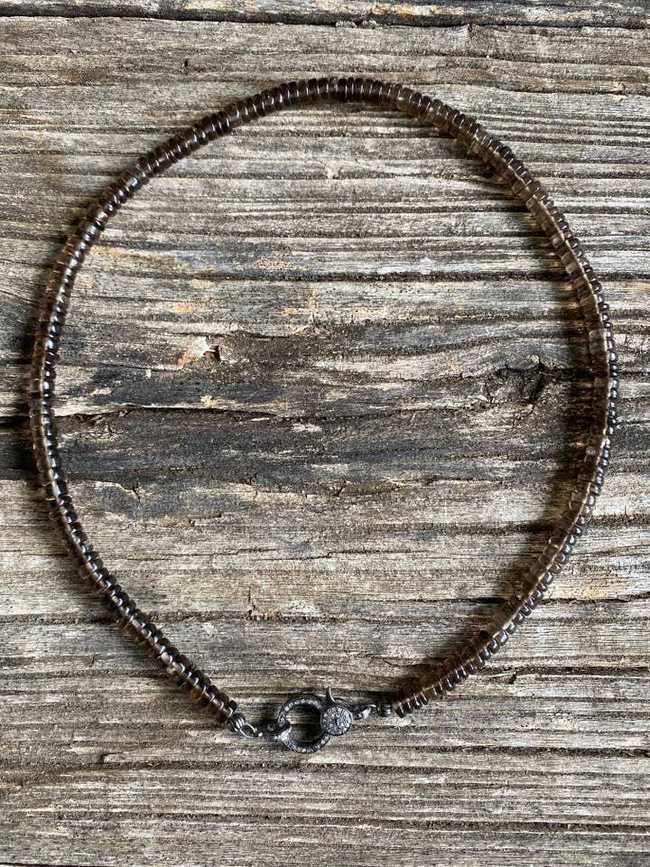 Smokey Quartz Heishi Beaded Necklace with Pave Diamond Clasp for wholesale by ILISSA MICHELE JEWELRY