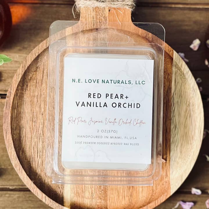 Rote Birne + Vanille-Orchidee | Kokos-Aprikosen-Sojawachs-Schmelze für den Großhandel von N. E. Love Naturals, LLC