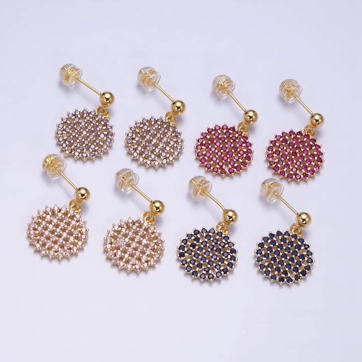 Delicato orecchino a bottone dorato con ciondolo rotondo colorato in zirconia cubica per la vendita all'ingrosso da parte di Aim Eternal