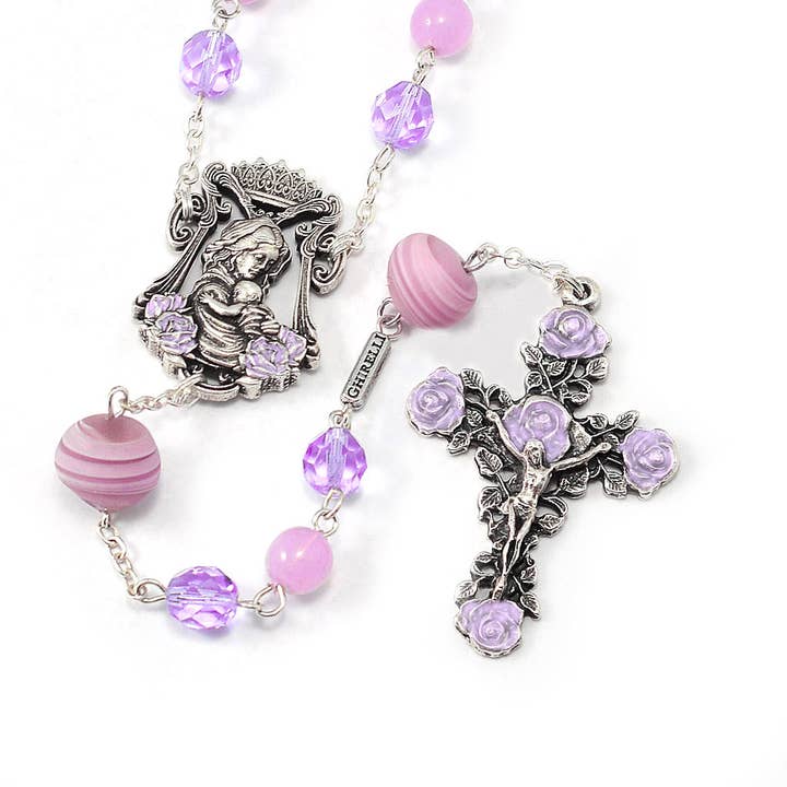 Ghirelli UsA Inc - Wholesale Prayer Beads Necklace - Madonna Roses & Lilac Murano Rosary