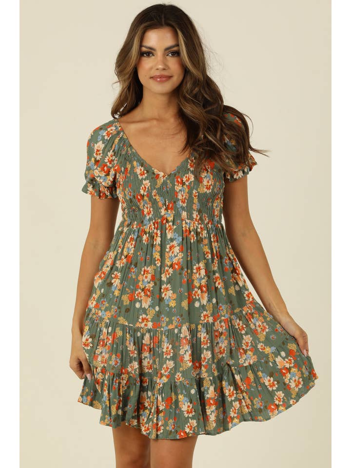 ANGIE - Wholesale Dress - Women's - C4507-A854 V NECK SMOCKED BODICE SHORT SLEEVE DRESS