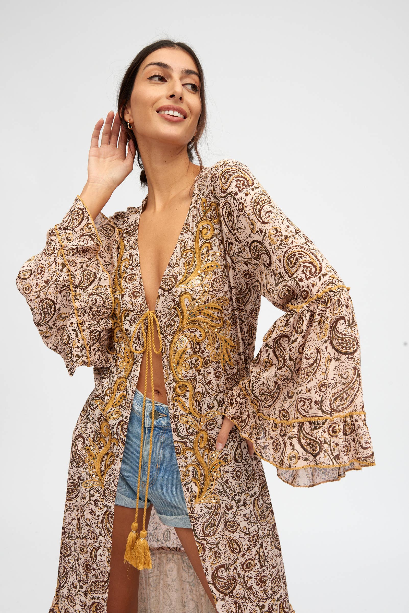  PETROL BLUE BEIGE PINK  HAND-EMBROIDERED PAISLEY PRINT KIMONO for wholesale on Faire1