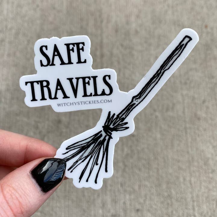 Safe Travels Broom Witchy Sticker for wholesale by Mckenzie Kvalsten