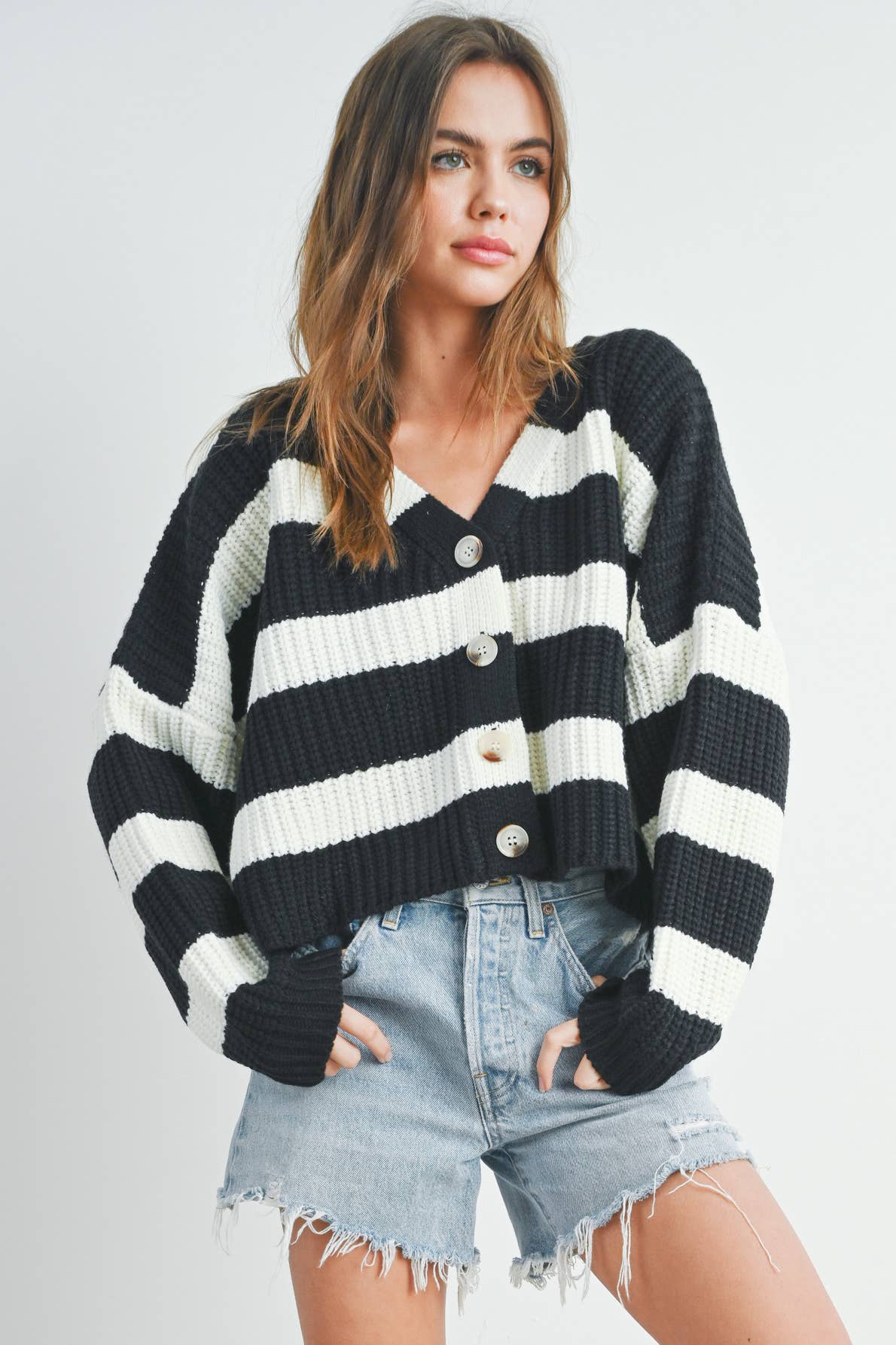 BUTTERMELON – wholesale Cardigan – Women’s – Striped V-Neck Cardigan with Buttons - BMC73314