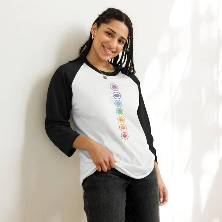 Original Chakra Affirmations 3/4 Sleeve Raglan Shirt for wholesale by Jade Meraki Studios