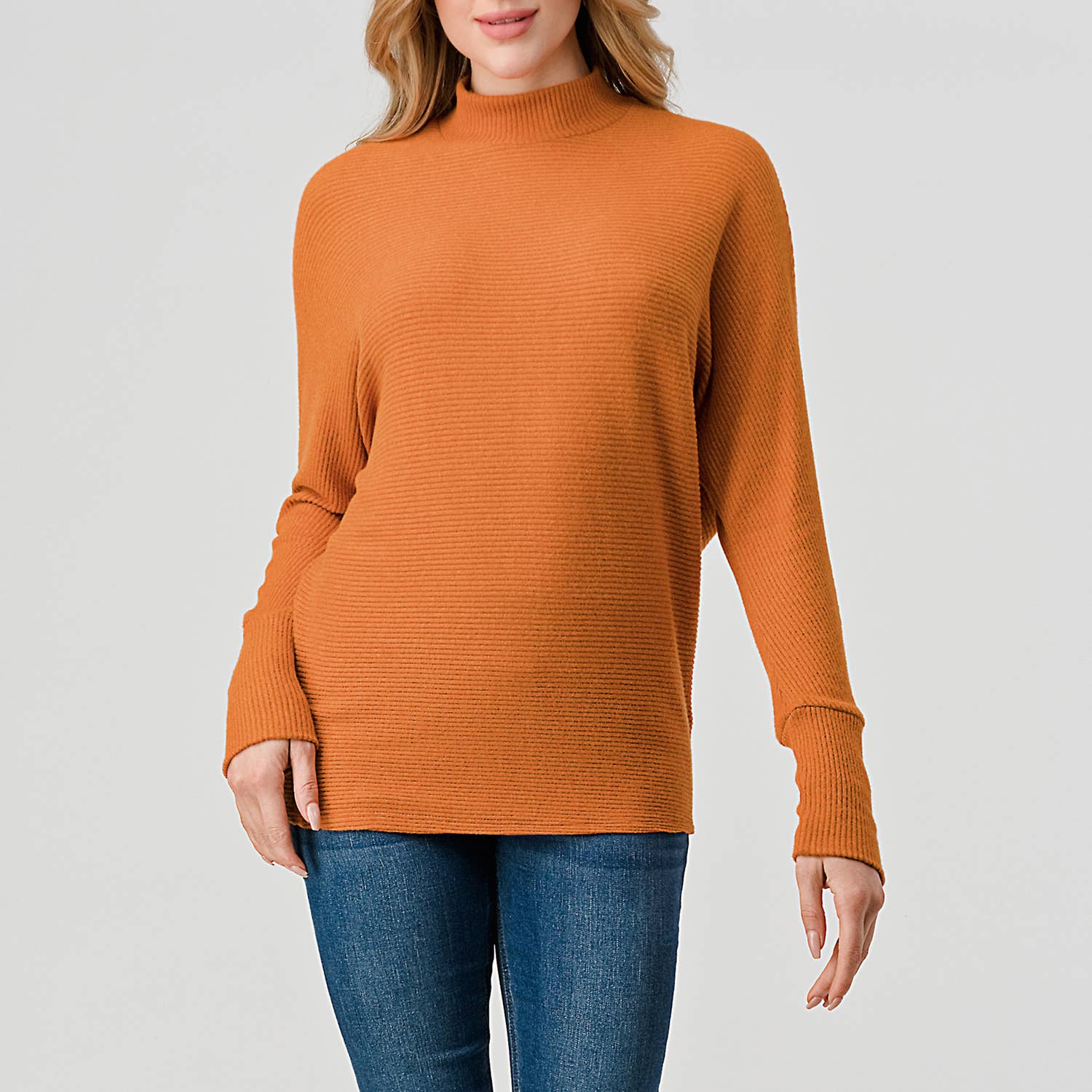 Heimious - Wholesale Knit Top - Women's - Mock Neck Long Dolman Sleeve Ribbed Knit Top, T26149