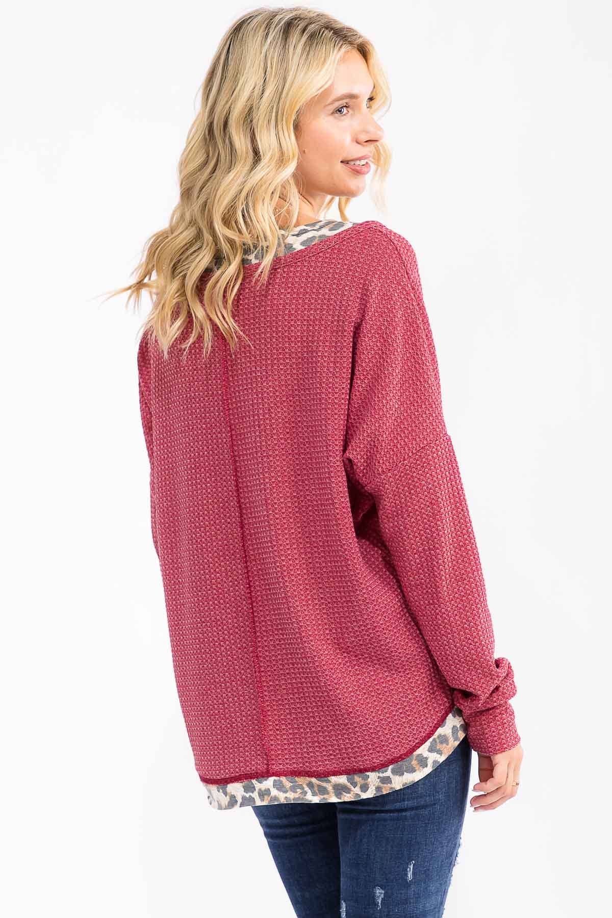 7th Ray - Wholesale Knit Top - Women's - Leopard Print Double layered Henley Top T60781