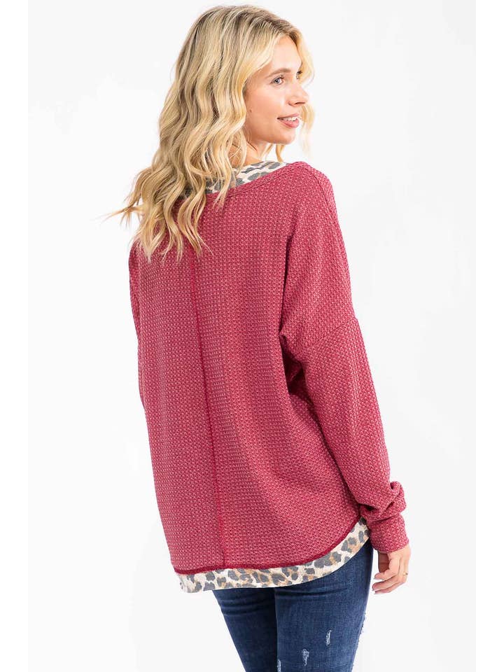 7th Ray - Wholesale Knit Top - Women's - Leopard Print Double layered Henley Top T60781