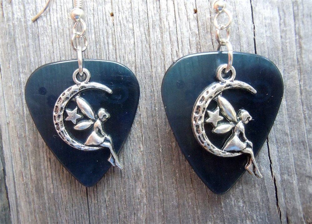 Simply Raevyn - Wholesale Dangle Earrings - Fairy on the Half Moon Charm Guitar Pick Earrings9