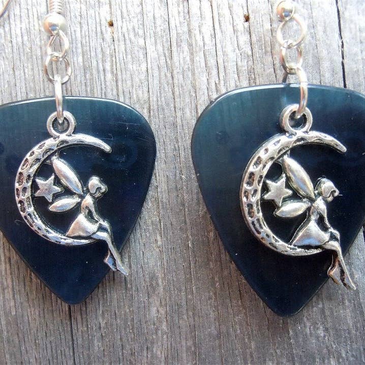 Simply Raevyn - Wholesale Dangle Earrings - Fairy on the Half Moon Charm Guitar Pick Earrings9