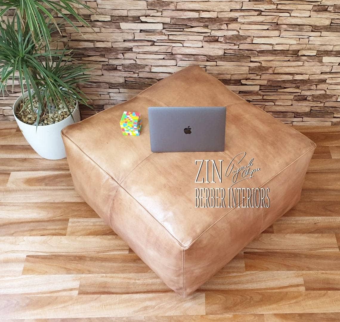 amr design - Venta al por mayor Puf - Puf otomano de cuero genuino de cabra, mesa de café, asiento extra, color marrón claro (solo funda sin relleno)5