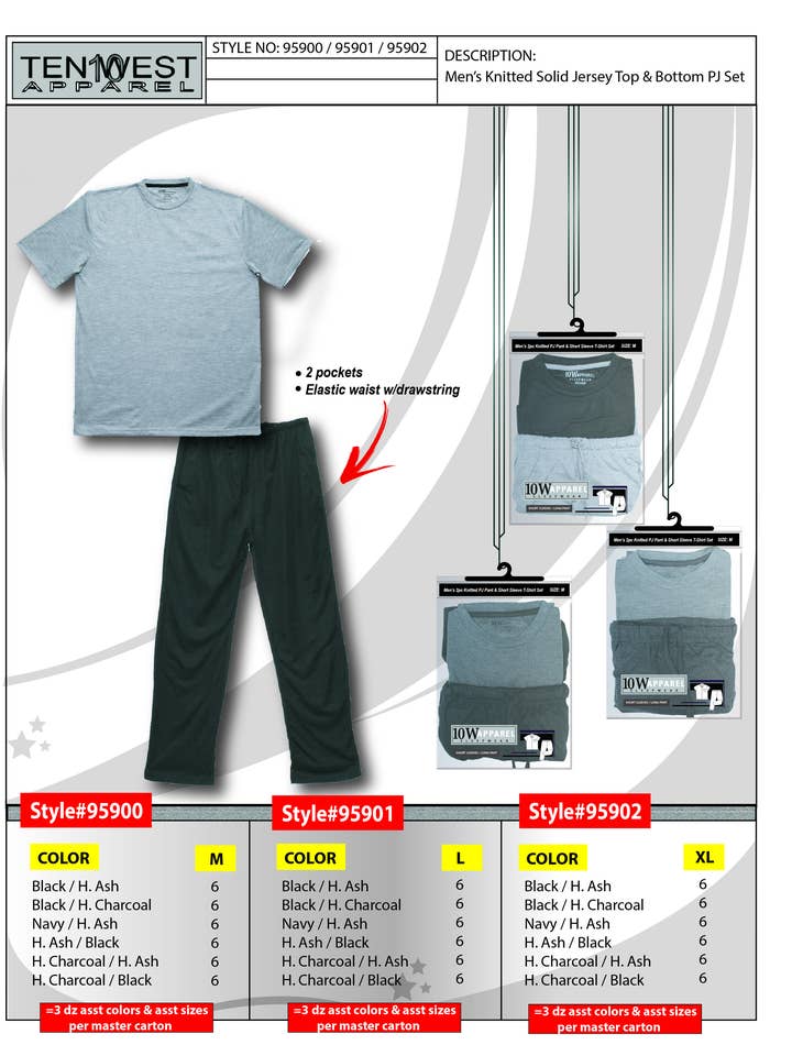 conjunto de pijama S/L de punto liso con cuello redondo para hombre para venta al por mayor de Ten West Apparel