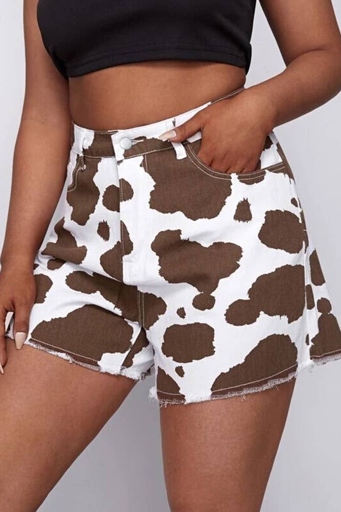 UNISHE - Wholesale Shorts - Women's - BTMW021 Western Cow Print High Waist Denim Shorts6