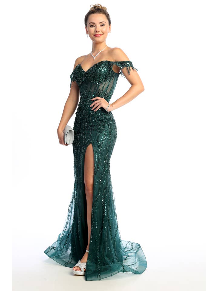 Chicas - Wholesale Gown - Women's - Off the Shoulder Sequin and Bead Long Dress C33127