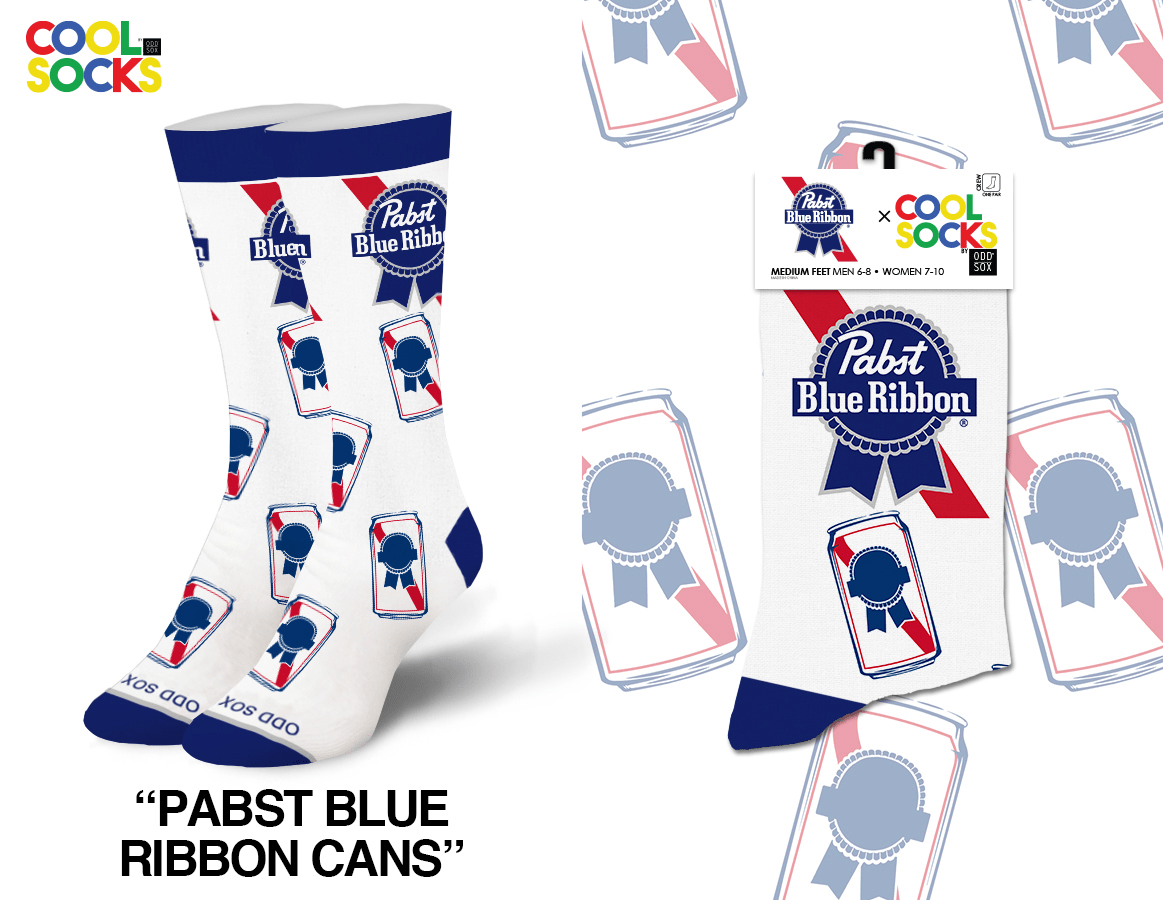 Cool Socks - Wholesale Socks - Unisex - Pabst Blue Ribbon Cans - Womens Crew Folded0