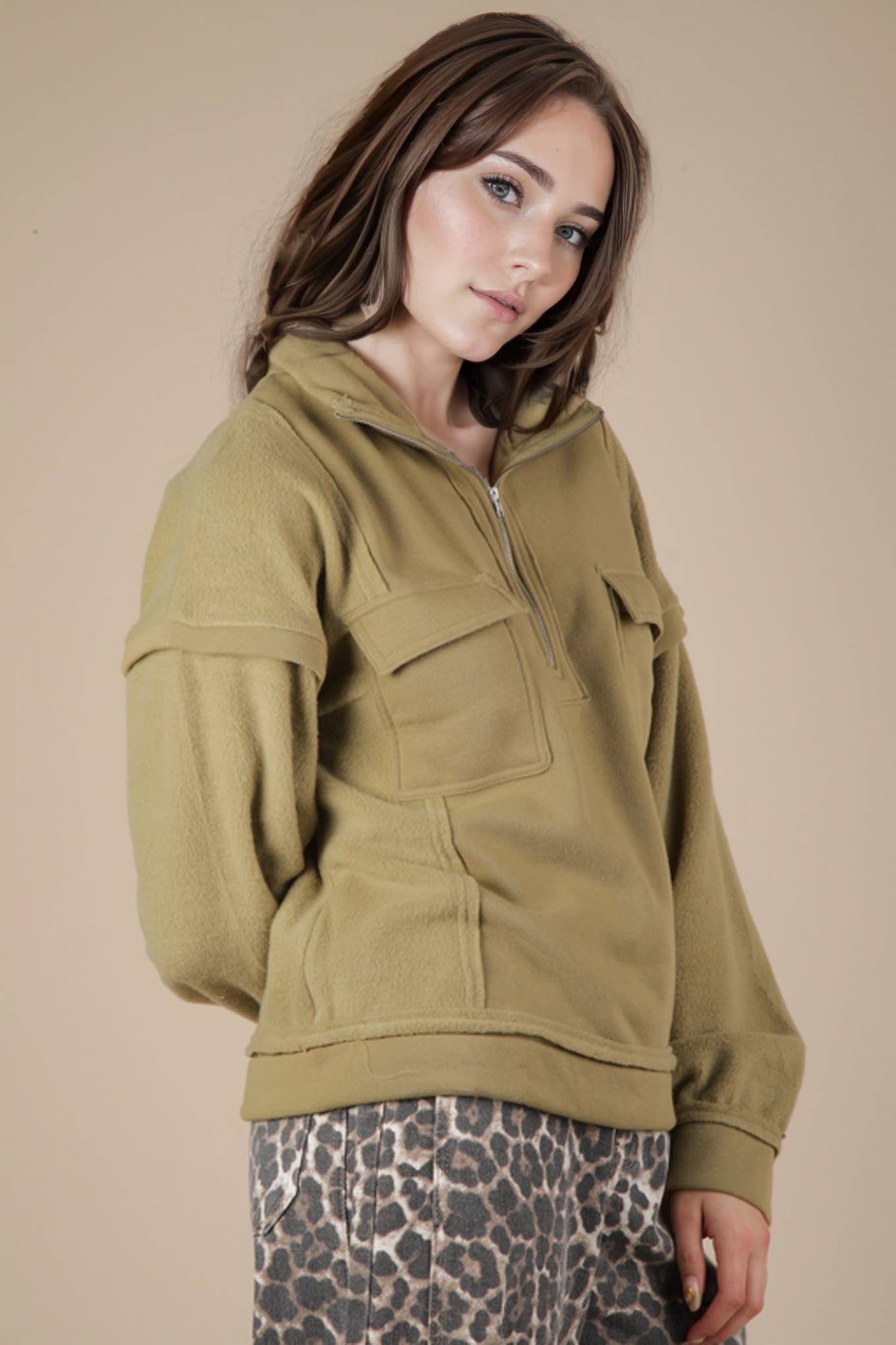 VERY J - Vente Sweat-shirt – femme - NT11793-Haut de sweat-shirt Henley en tissu contrasté à col montant7