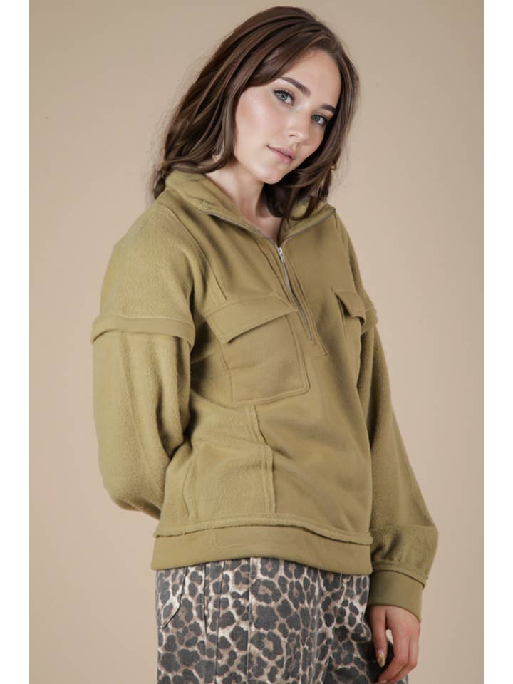 VERY J - Vente Sweat-shirt – femme - NT11793-Haut de sweat-shirt Henley en tissu contrasté à col montant7