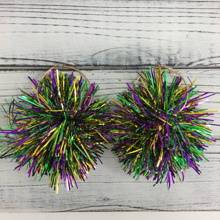 Mardi Gras tinsel pompom hoop earrings for wholesale by SongLily