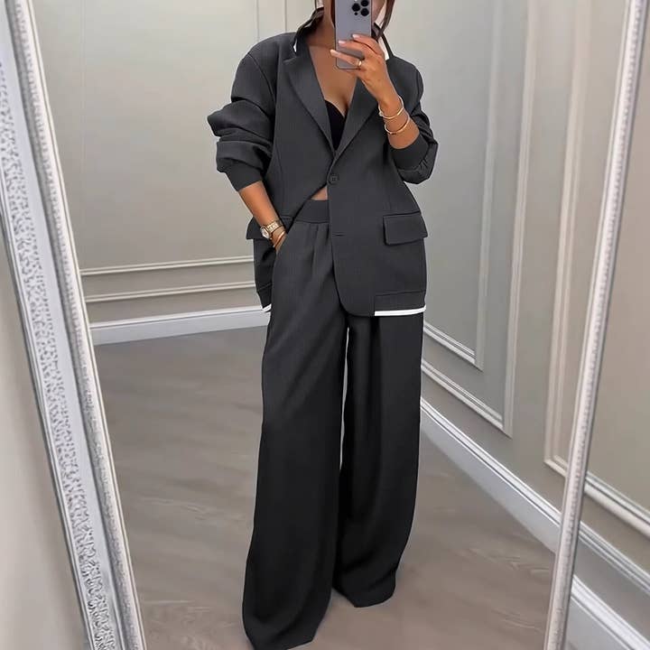 Gray Oversized Blazer Set Wide Leg Pant Office Suit N5A902 for wholesale by alberalkirk