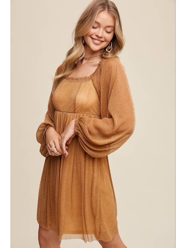 Listicle - Wholesale Dress - Women's - Glitter Mesh Long Sleeve Babydoll Dress LD127823