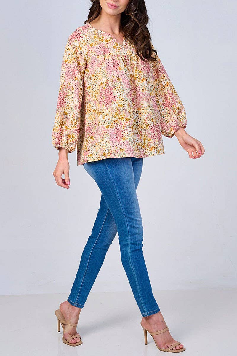 ROUSSEAU - Wholesale Blouse - Women's - LONG SLEEVES V-NECK FLORAL BLOUSE1