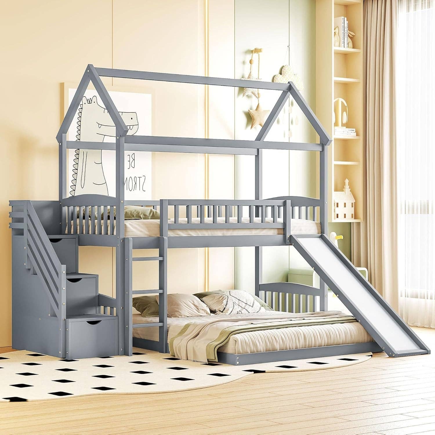 Grey Gray Twin Loft Bunk Bed With Slide And Stairs Storage for wholesale on Faire1
