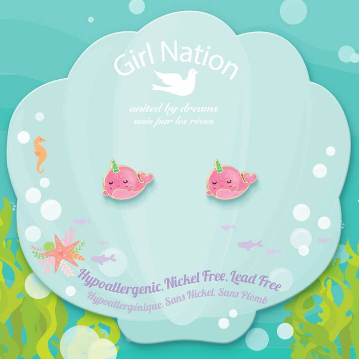 Girl Nation - Wholesale Oorbellen - Kinderen - Glitter Roze Narwal | Schattige Oorknopjes voor Kinderen3