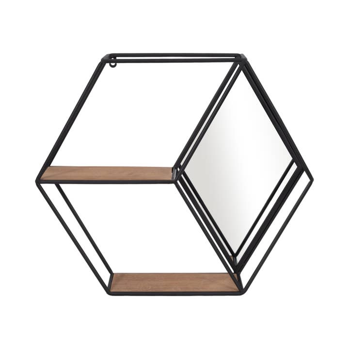 Sagebrook Home – wholesale Förvaringsbehållare – Svart 20 tum Metall/Trä Hexagon Spegelväggshylla i Casual stil