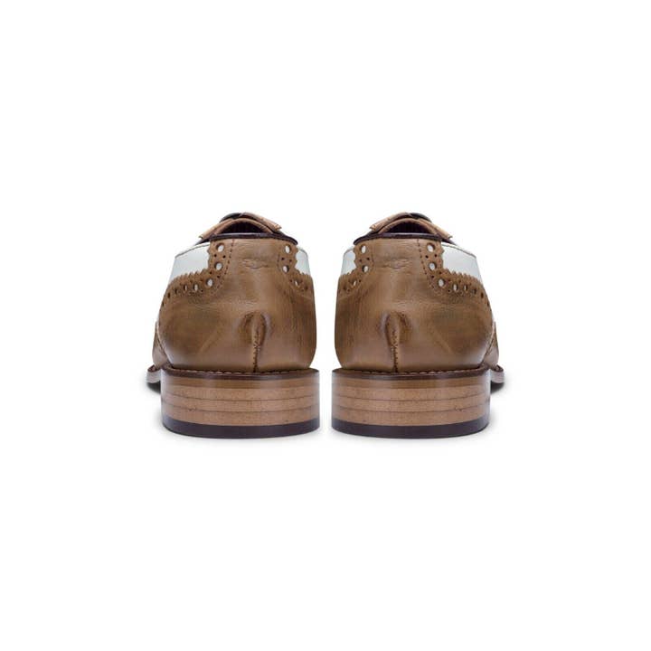 Tan Mens Classic Oxford Tan/White Leather Gatsby Brogue Shoes for wholesale on Faire