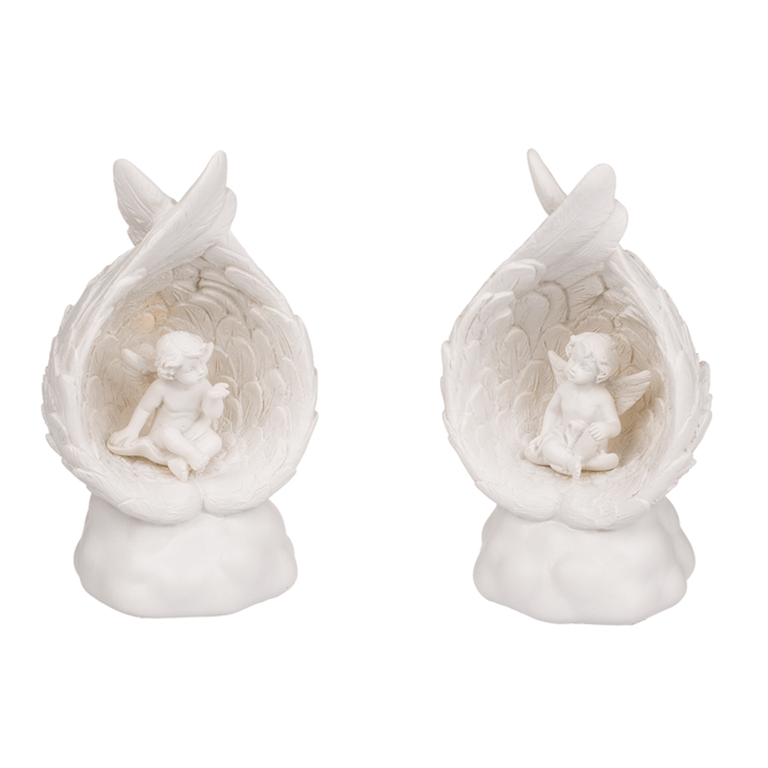 Out of the blue KG - Wholesale Decorative Figurine - Sitting polyresin angel in wings with warmwhite,2