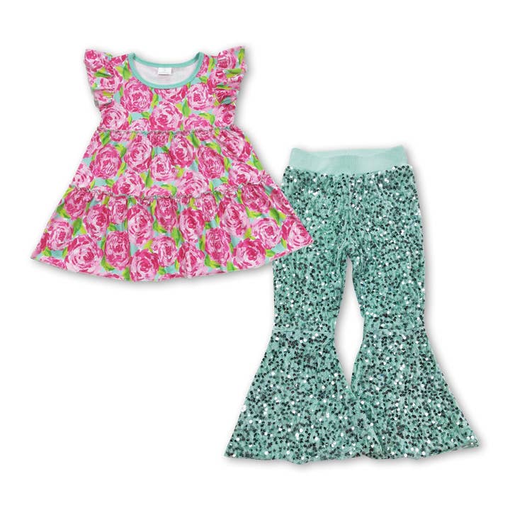 Pink floral tunic mint sequin pants girls clothing for wholesale by Yawoo Garments
