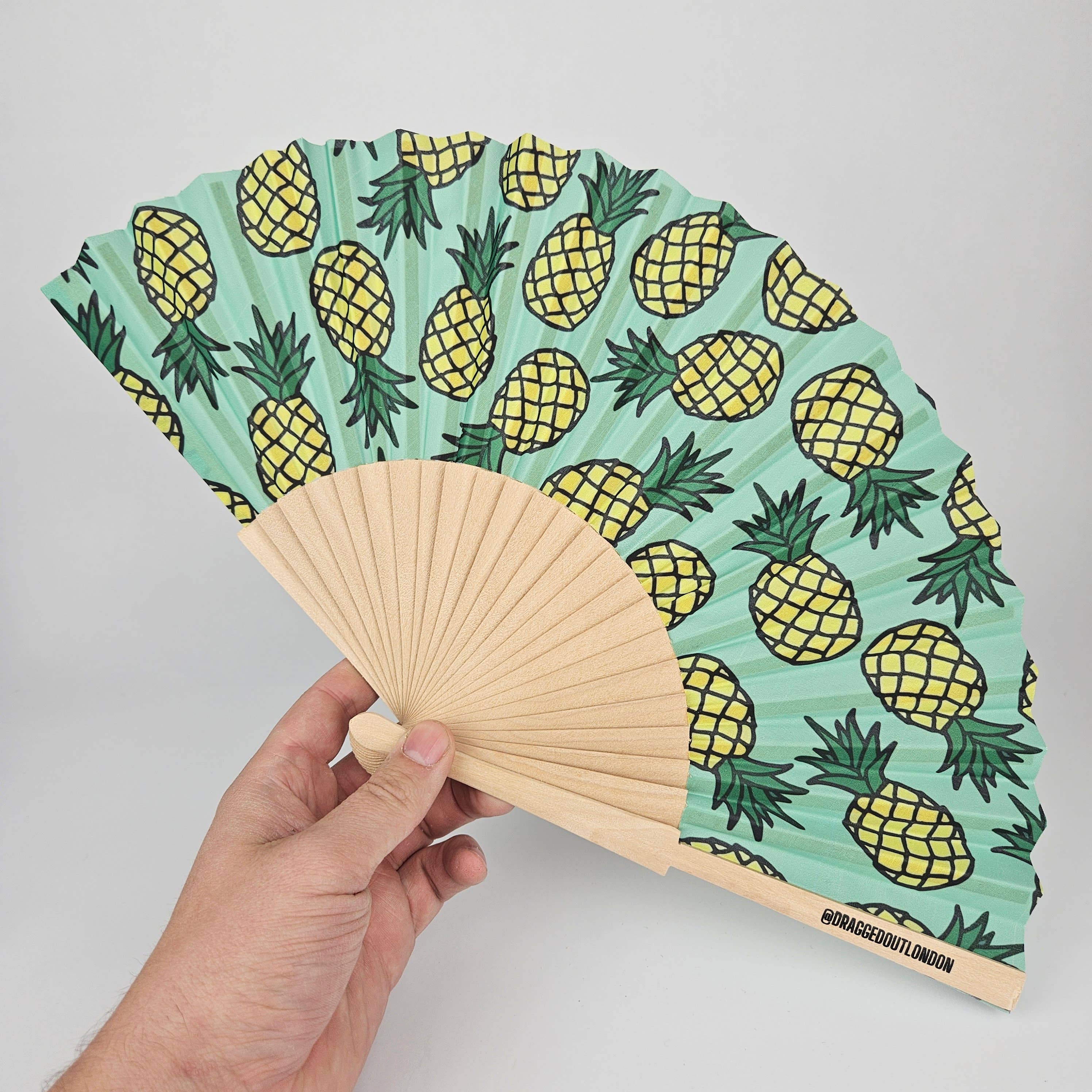 Dragged out – wholesale Handheld folding fan – Small Folding Wood Hand Fan – Pineapple Print2