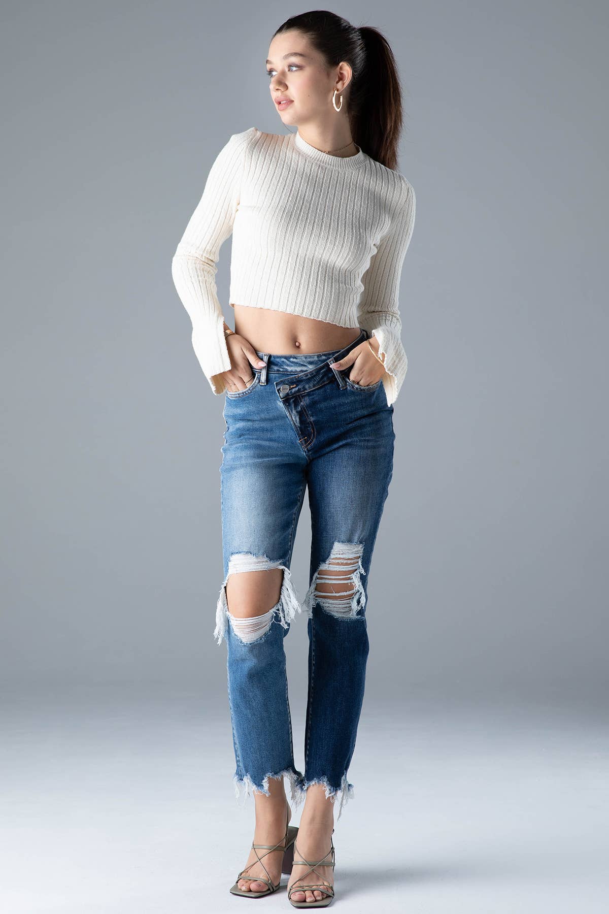 Ceros Jeans - Vente Jean – femme - Denim droit bicolore Distress taille haute pour femmes, automne4