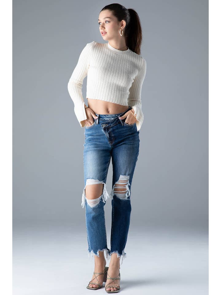 Ceros Jeans - Vente Jean – femme - Denim droit bicolore Distress taille haute pour femmes, automne4