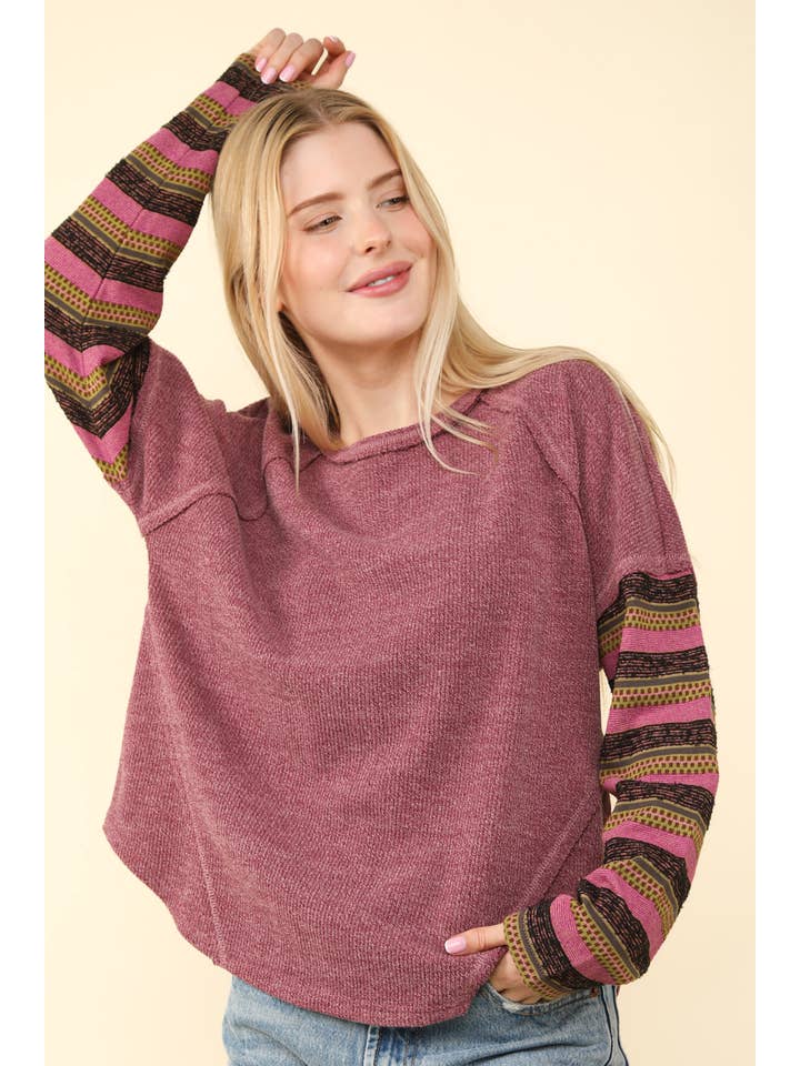 VERY J - Wholesale Knit Top - Women's - NT11706-Contrast Striped Sleeve Detail Casual Knit Top
