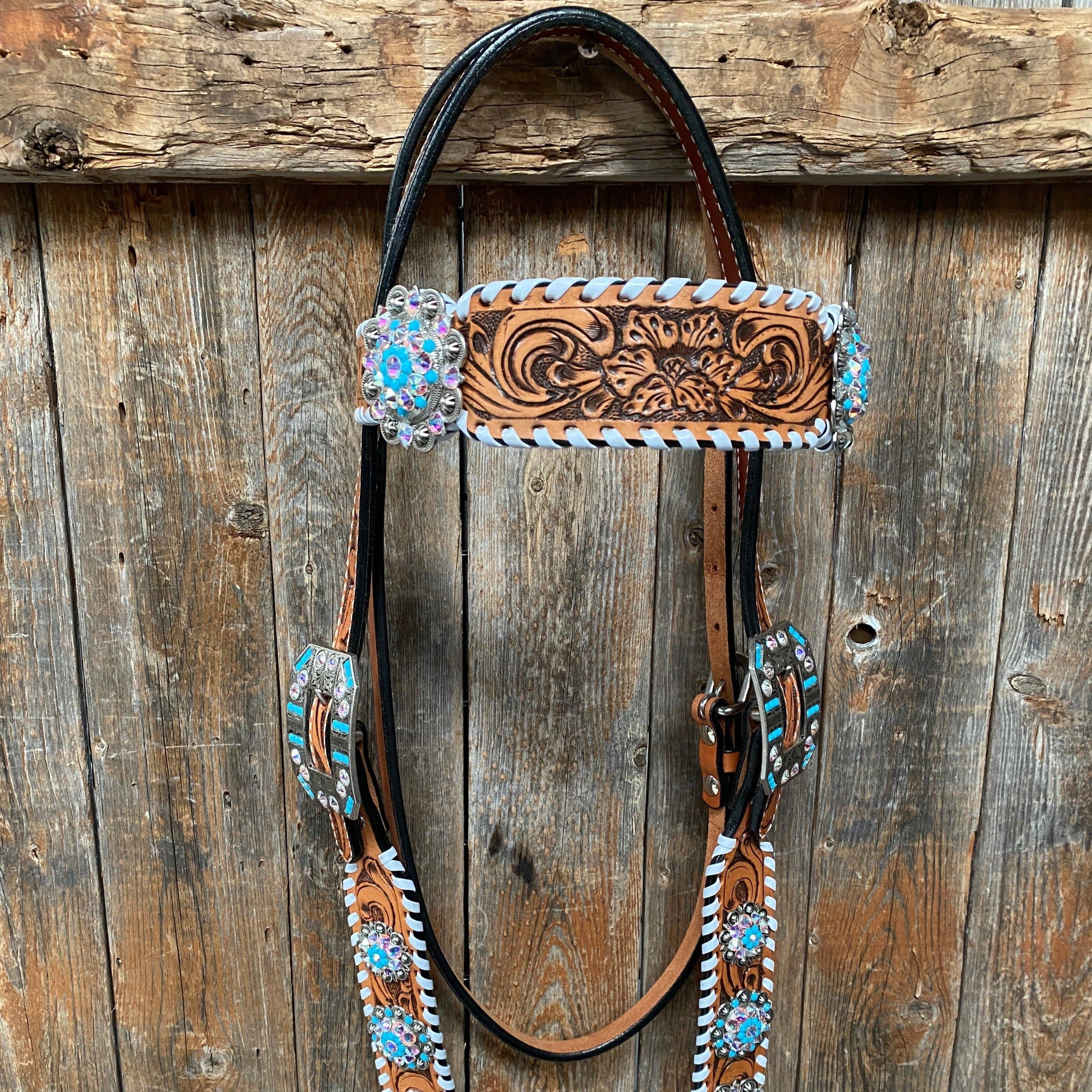 Rodeo Drive - Wholesale Horseback Riding Gear - Whipstitch Turquoise & AB Browband/One Ear Tack Set with Wither Strap  #BBBC46310