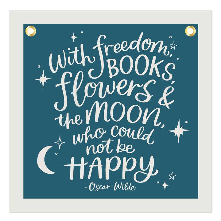 Books, Flowers And The Moon Embroidered Canvas Banner for wholesale by 1canoe2 | One Canoe Two Paper Co.