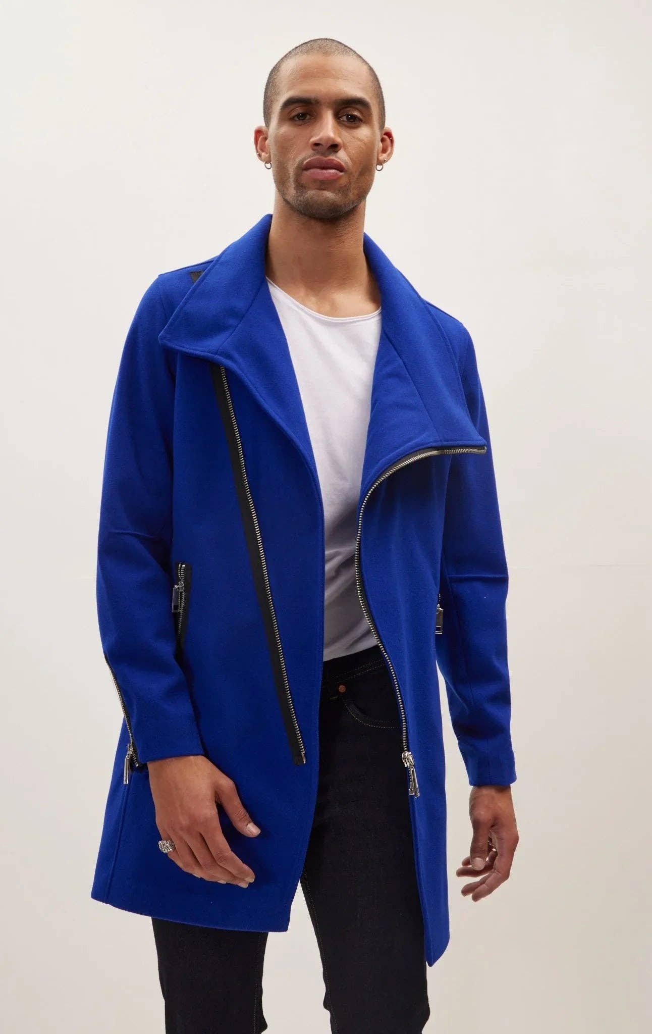 Men's Asymmetrical Zipper Closure Coat - Sax for wholesale on Faire0