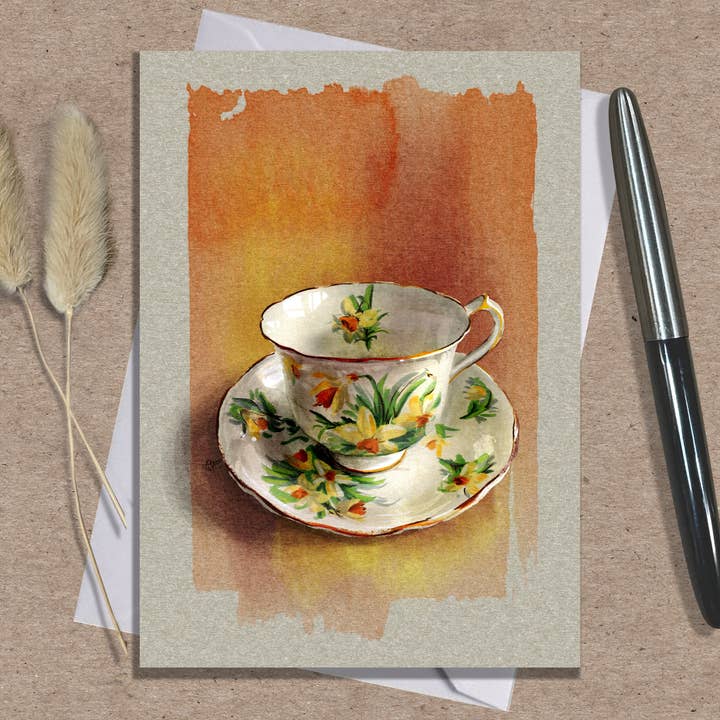Daffodil Teacup Single Greeting Card, 5x7" with Envelope for wholesale by Coreyartus Imagery