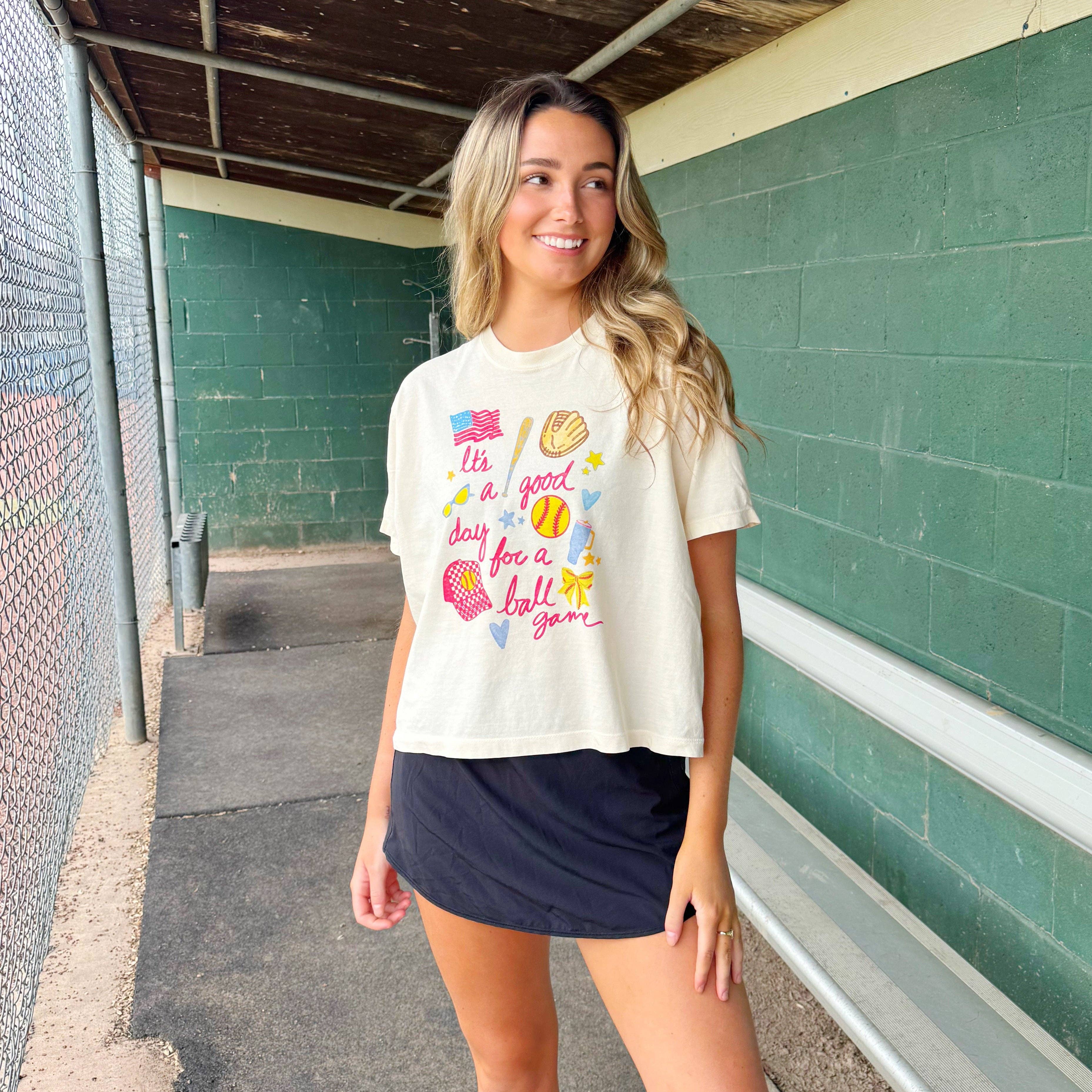 Poppy & Pine - Wholesale Screen Printed T-Shirt - Women's - It's A Good Day for a Ball Game Crop Tee0